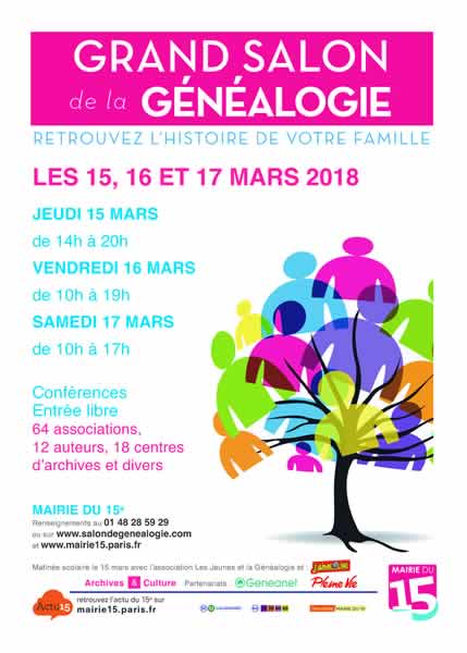 15, 16 et 17 mars 2018 - Grand salon de la Généalogie - Mairie du 15e