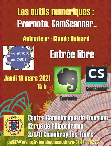 18 mars 2021 - Les jeudis du CGDT - Les outils numériques : Evernote, CamScanner (à distance)